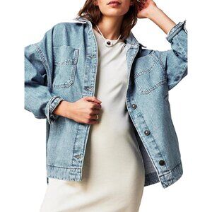 Women Jean Jacket Oversized Shacket Denim Jacket Split Button Down Boyfriend